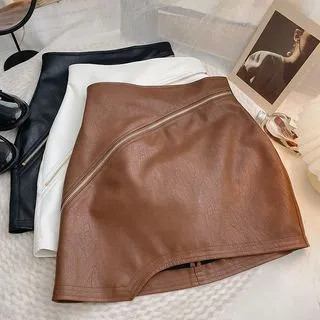 High-Rise Asymmetrical Faux-Leather Skirt | YesStyle Global