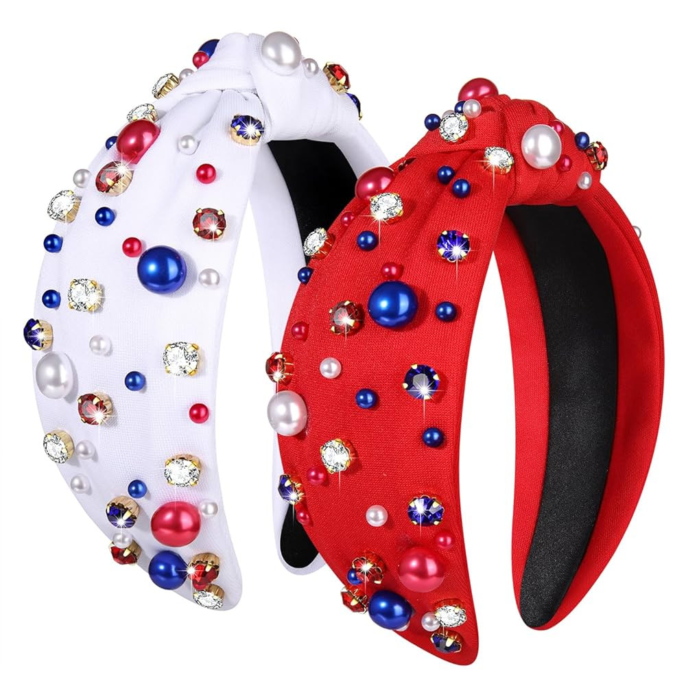 4 th of July Pearl Knotted Headband American Flag Patriotic Pearl Rhinestone Jeweled Hairband Fou... | Amazon (US)