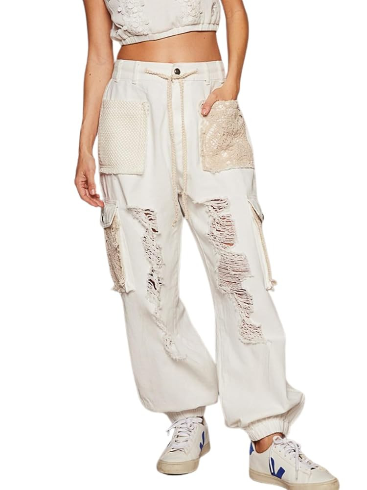 Crochet Patch Distressed Washed Jeans, Beige | Amazon (US)