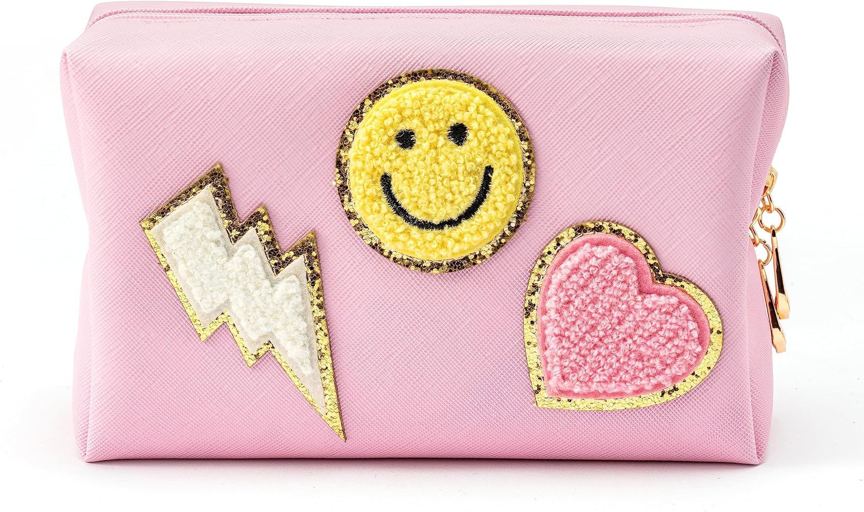 LieToi Preppy Patch Small Toiletry Bag Smile Lightning Heart PU Leather Portable Waterproof Makeu... | Amazon (US)