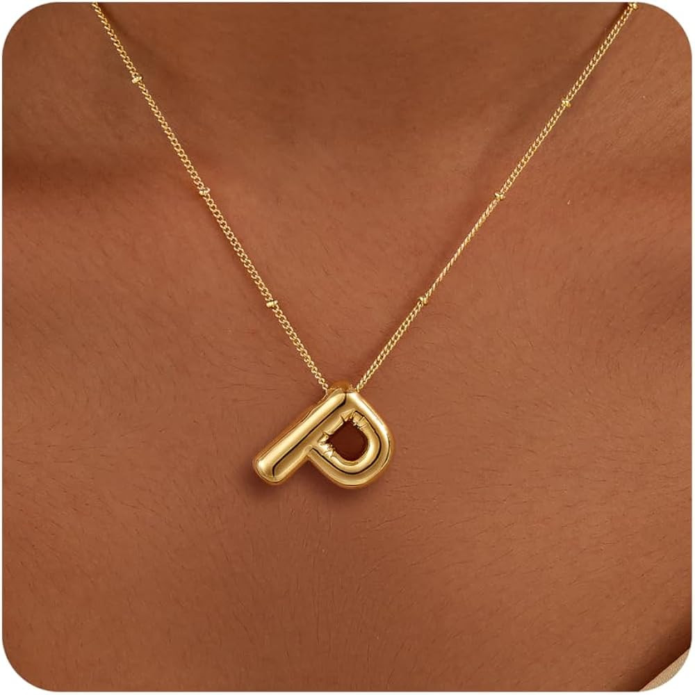Gold Bubble Letter Necklace for Women, Dainty 14K Plated Balloon Initial Pendant Necklace Trendy ... | Amazon (US)