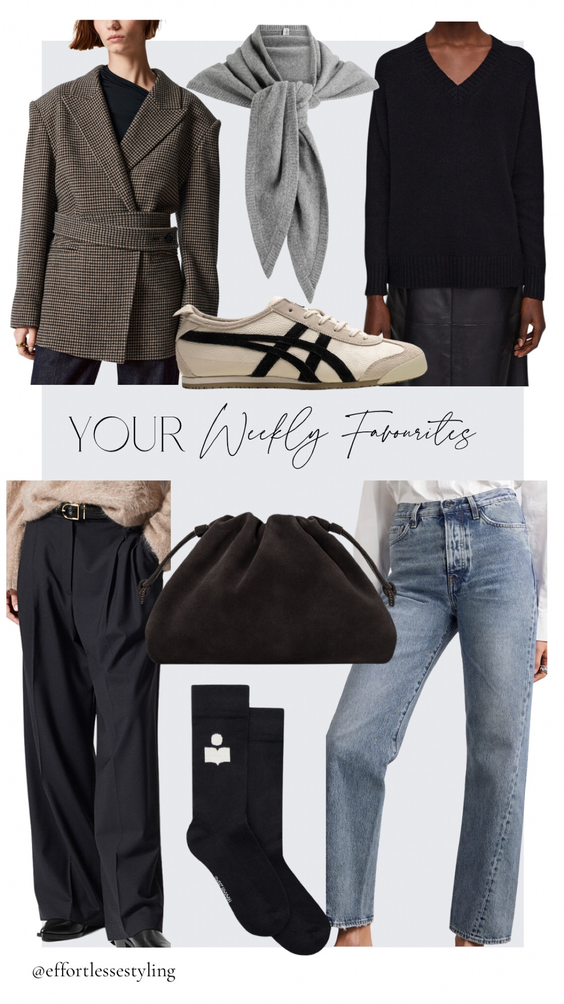 Weekly Favourites 12/1/25

Brown dogtooth belted blazer, black tailored wool trousers, straight leg blue jeans, dark brown suede clutch bag, black cashmere v neck jumper, black Isabel Marant socks, beige and black Onitsuka Tiger trainers. 
Toteme grey triangle scarf - currently only in stock on their website. 

#LTKuk #LTKwinter #LTKstyletip
