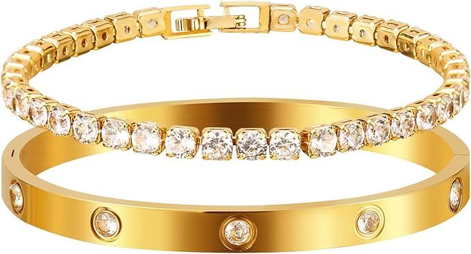 QUIINWNN 18 K Gold Plated Bangle Bracelet for Women, Cubic Zirconia Tennis Classic Bracelets, Sta... | Amazon (US)