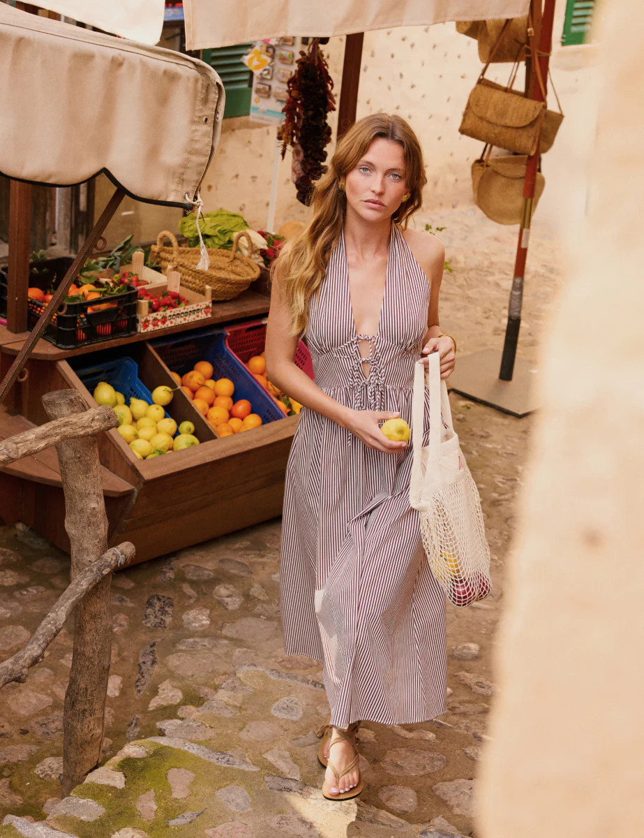 Burgundy Pinstripe Lilijana Halter Neck Midi Dress | Nobody's Child