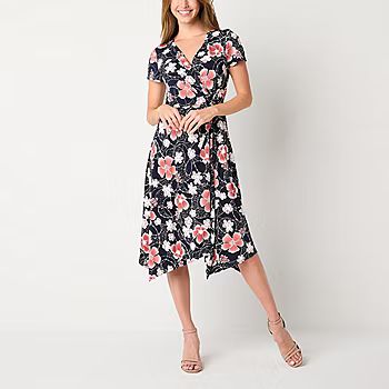 new!Perceptions Petite Short Sleeve Floral Midi Fit + Flare Dress | JCPenney
