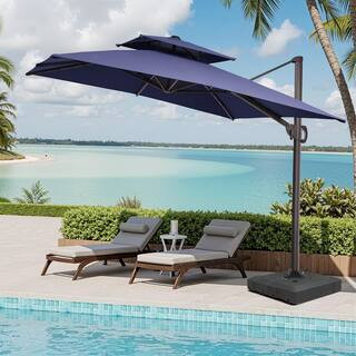 11 ft. x 9 ft. Double Top Aluminum 360° Rotation Cantilever Patio Umbrella in Navy Blue with 350... | The Home Depot