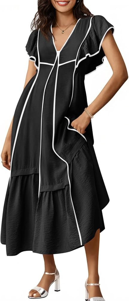 Wenrine Womens Summer V Neck Midi Dress Casual Ruffle Sleeve Contrast Color Loose Fit Flowy Long ... | Amazon (US)
