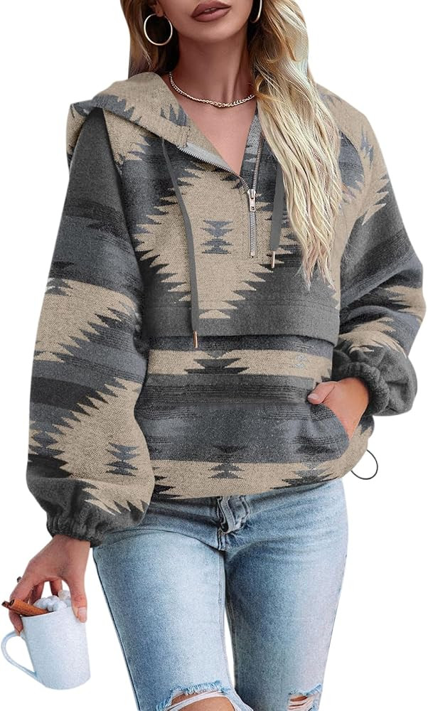Fessceruna Womens Aztec Half Zip Up Hoodies Sweatshirt Casual Long Sleeve Oversized Ethnic Tribal... | Amazon (US)