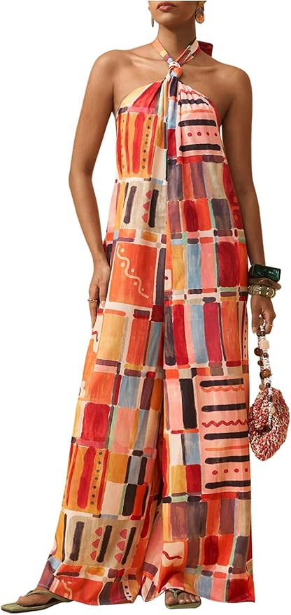 OYOANGLE Women's Sleeveless Halter Jumpsuits Colorful Printed Backless Wide Leg Jumpsuits Boho Lo... | Amazon (US)