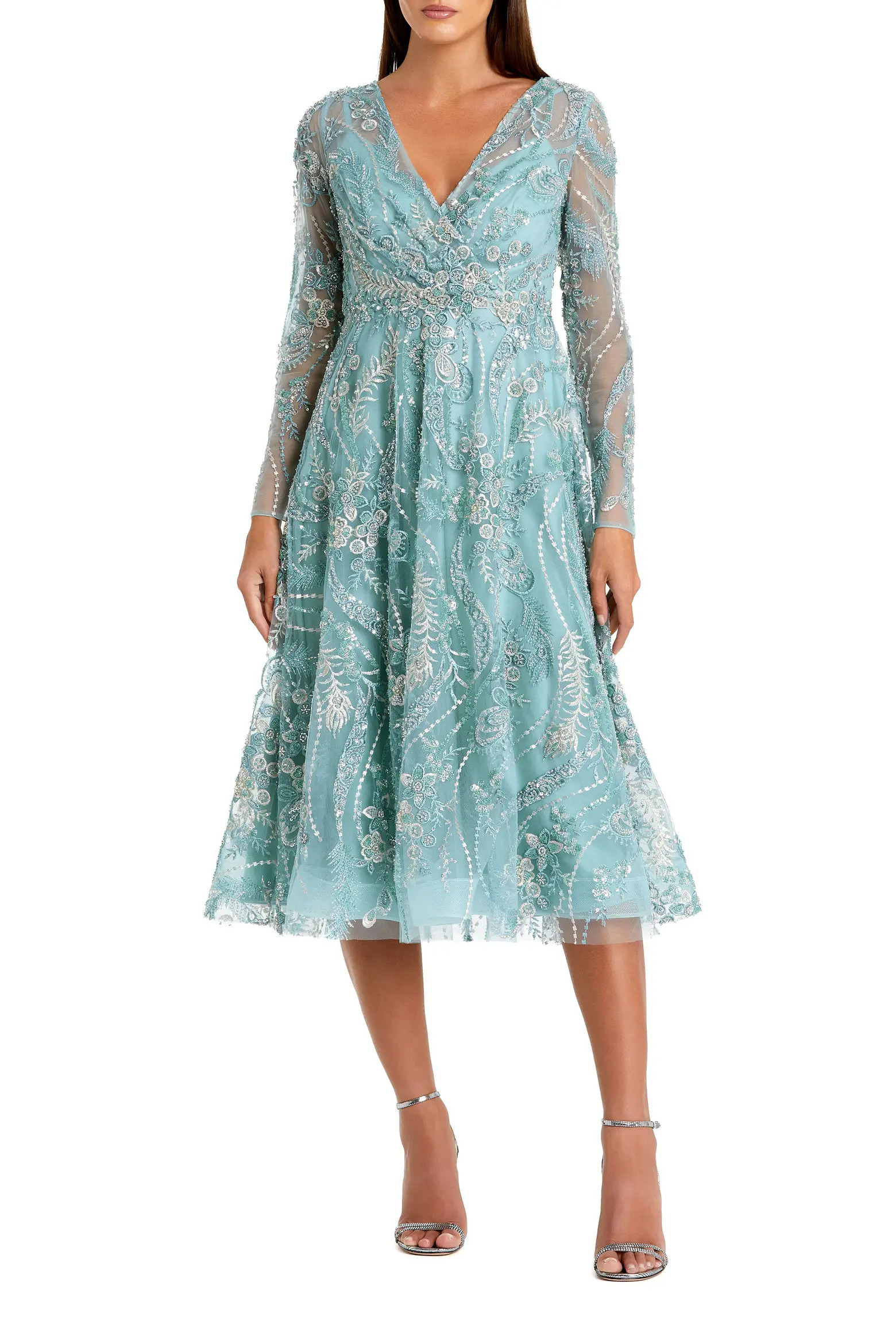 Mac Duggal Women's Floral Embroidered V Neck Long Sleeve Midi Dress (Women) | Nordstrom | Nordstrom