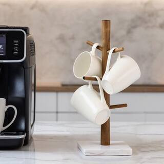White Wood Mug Holder, Marble Base Cup Rack Tree Cup Stand Hanger Coffee Mugs Dryer with 6 Hooks Kitchen Coffee Mug Tree | The Home Depot