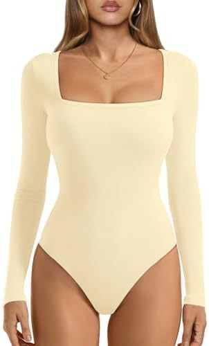 ATHMILE Women's Square Neck Long Sleeve Bodysuit Ribbed Slim Fitted Tops | Amazon (US)