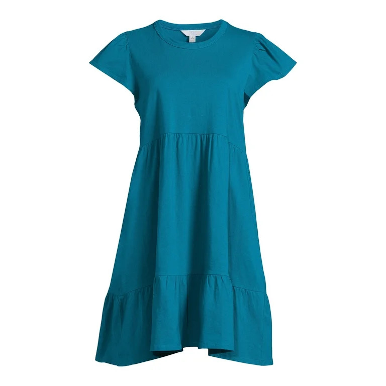 Time and Tru Short Sleeve Tiered Knit Dress for women with Pockets | Walmart (US)
