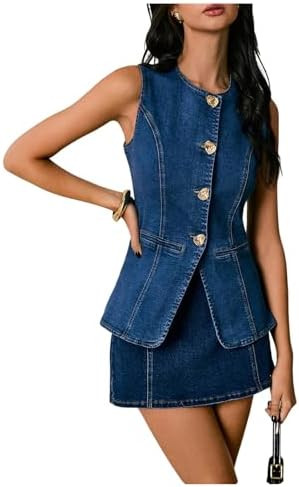 SweatyRocks Women's sleeveless jean jacket Button Down Crewneck Casual denim vest ladies tops | Amazon (US)