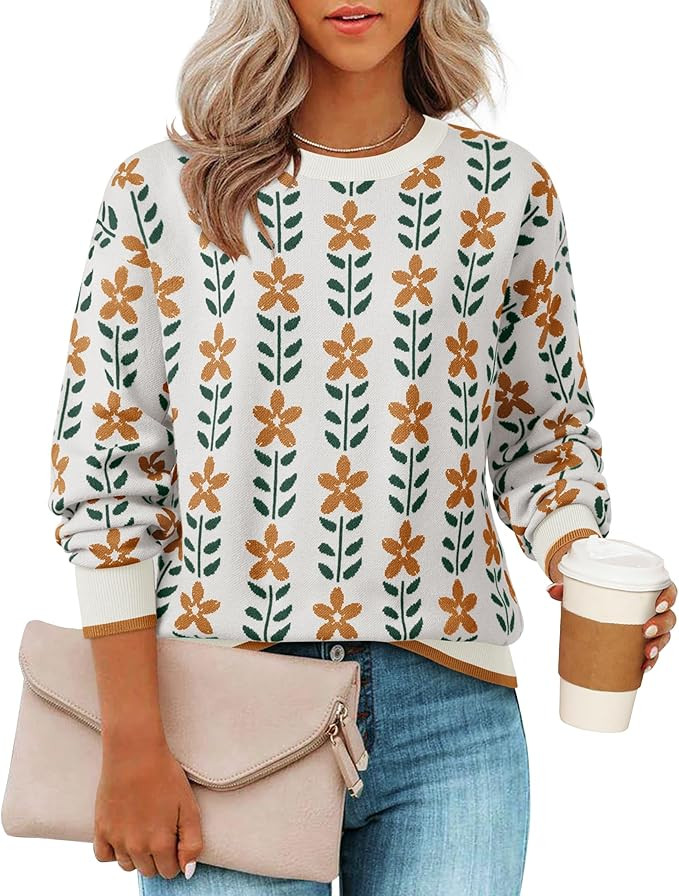 ZESICA Women's Long Sleeve Crewneck Sweater 2024 Fall Printed Cute Oversized Knitted Pullover Top... | Amazon (US)