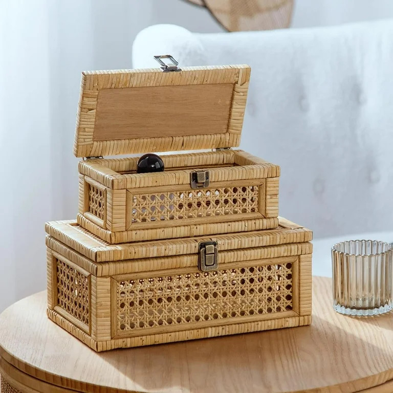 Rattan Decorative Box, Boho Display Boxes with Lids, Set of 2 Rectangular Wicker Storage Basket, ... | Walmart (US)