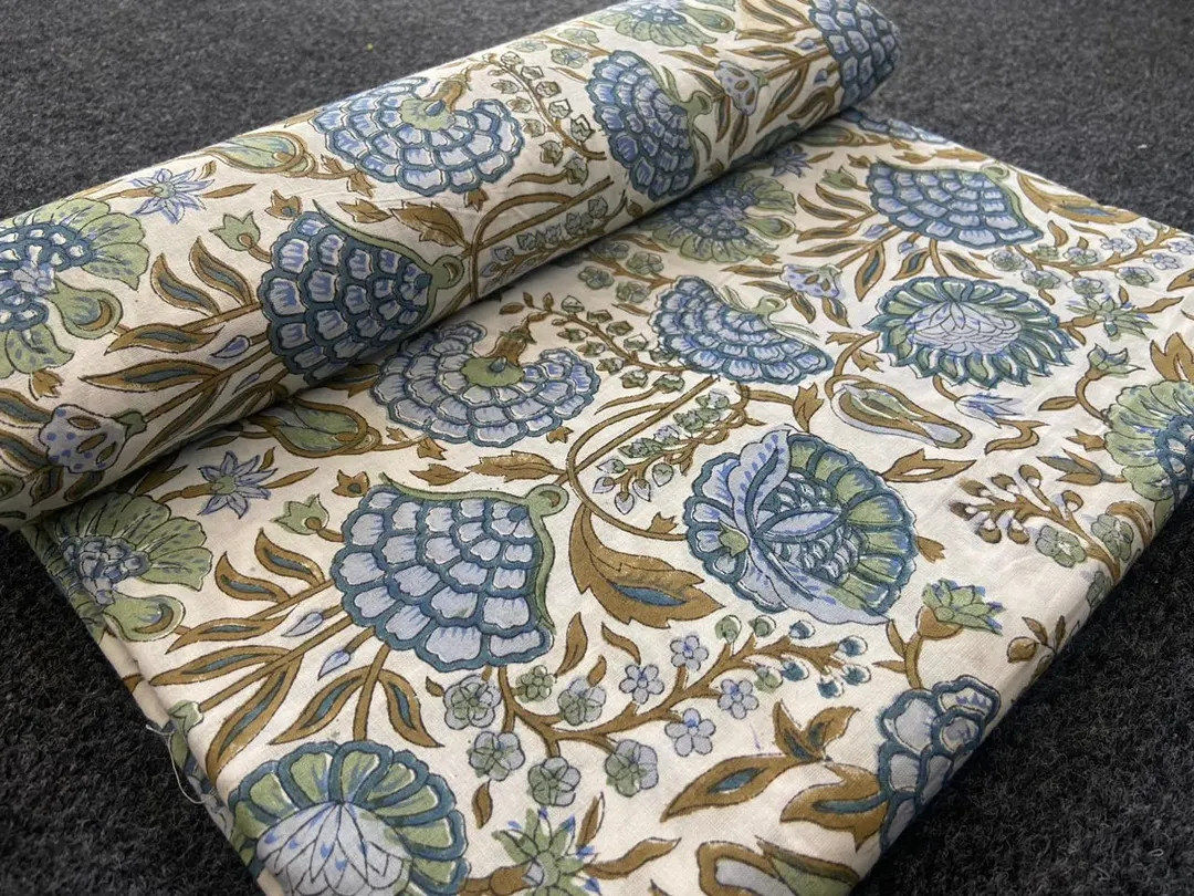 Hand Block Printed Cotton Fabric – Blue Green Floral Jaipuri Print | Etsy (US)