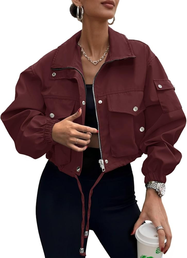 Womens Cropped Bomber Jacket 2025 Trendy Zip Up Lightweight Utility Anorak Coat With Pockets | Amazon (US)