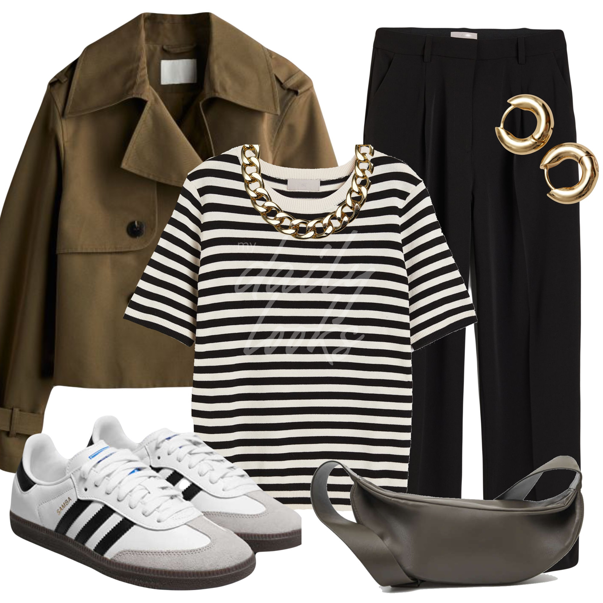 Obsessed with this gorgeous dark khaki green cropped trench coat 🖤 Essential piece for upcoming spring season. Short trench coat jacket, black wide-leg pants, cotton stripped T-shirt, fine-knit top, chunky chain necklace, chunky hoop earrings, Adidas Originals Samba OG, leather swing crossbody bag. Spring outfit, casual look, spring fashion, spring style, easy styling, outfit board, simple everyday look, chic & basic outfit, primavera.

#LTKitbag #LTKSeasonal #LTKstyletip