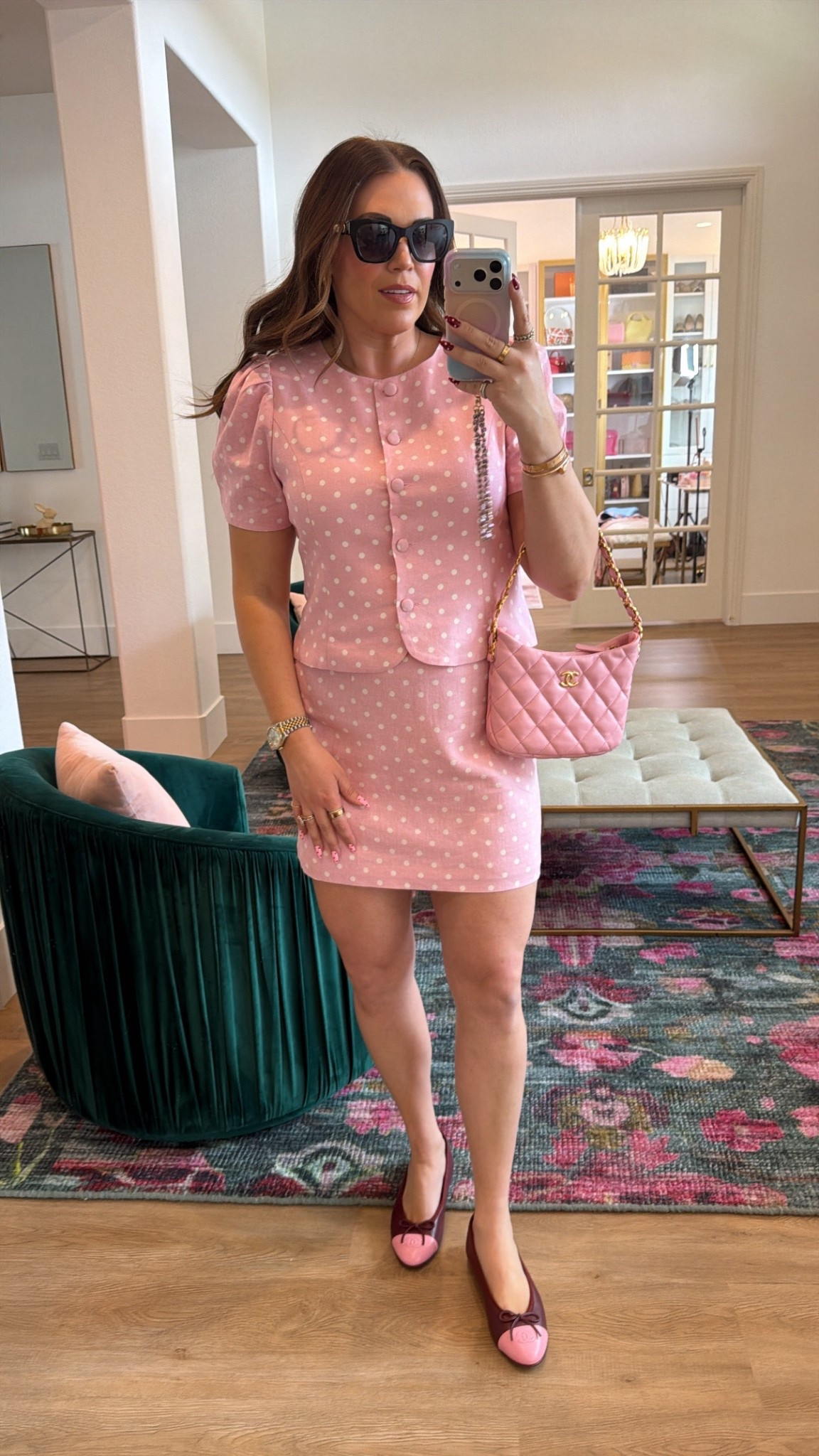 curvy midsize pink polka dot set for spring! in the large in top and skirt. sunglasses, bag, and ballet flats are Chanel! 

#LTKMidsize #LTKSeasonal