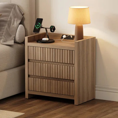 Bethlehem Modern Fluted 3-Drawer Nightstand With Charging Station | Wayfair North America
