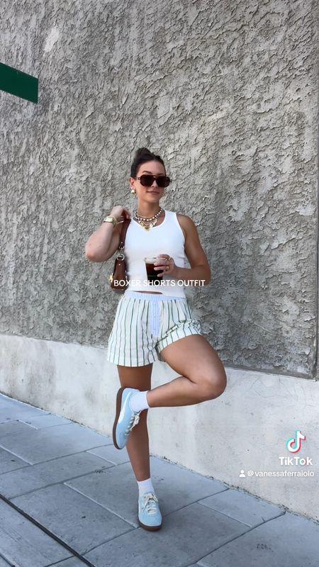 6/14/24 Boxer shorts outfit details  🫶🏼 Summer outfits, summer fashion, summer outfit inspo, boxer shorts, boxer shorts outfit, casual summer outfits, casual summer fashion, blue sneakers, puma sneakers