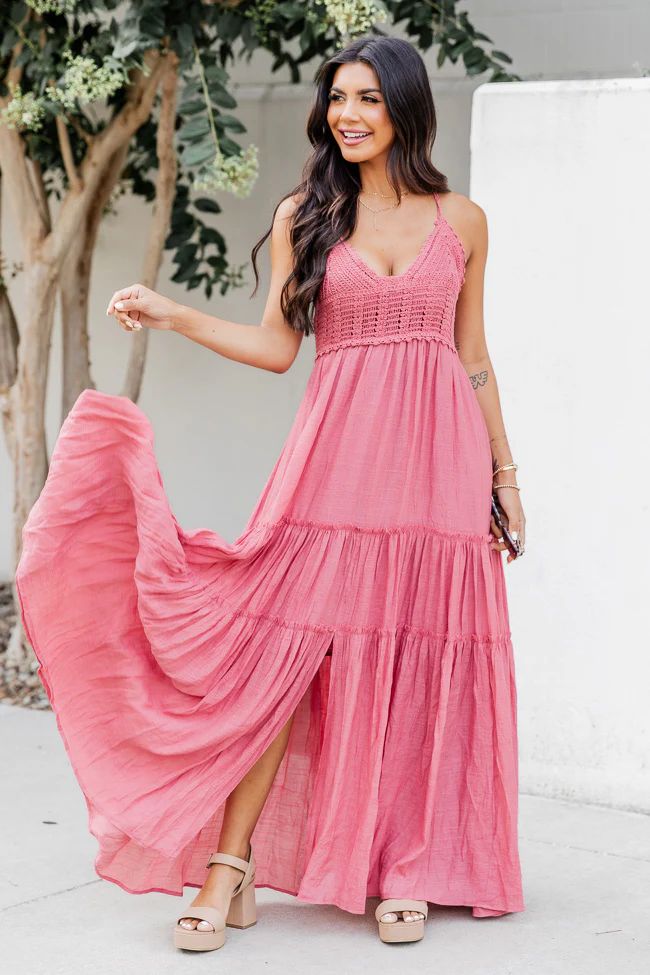 Let's Fly Away Mauve Crochet Knit Panel Tiered Maxi Dress FINAL SALE | Pink Lily