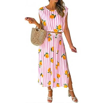 Tankaneo Womens Striped 2 Piece Skirt Sets Summer Lemon Print Sleeveless Tank Tops Maxi Dress Bea... | Amazon (US)