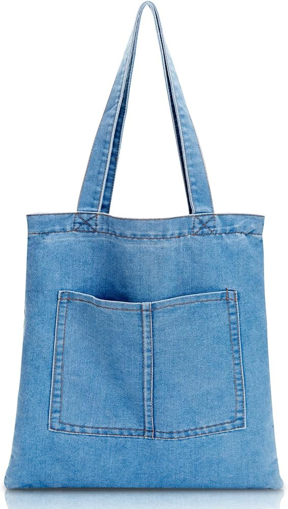 Denim Tote Bag for Women,Zipper Canvas Aesthetic Shoulder Handbags Cute Large Purse For Beach Sho... | Amazon (US)