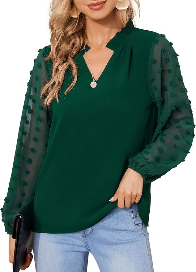 GOORY Women's Swiss Dot Lantern Sleeve Chiffon Blouse Long Sleeve Tops Ruffle V Neck Casual Busin... | Amazon (US)
