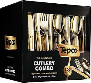 300 Gold Disposable Plastic Flatware Set - 100 Forks, 100 Spoons, 100 Knives - Heavy Duty Silverw... | Amazon (US)