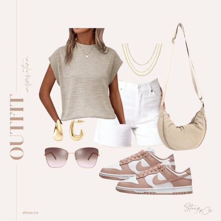 Outfit inspiration! Pair a cap sleeve beige top with white denim shorts, a nylon crescent bag, layered gold necklace, gold hoop earrings, aviator sunglasses, and blush and white Nike sneakers. 

Ootd, amazon fashion, causal outfit, summer outfit, spring outfit, tall friendly outfit idea

#LTKstyletip #LTKfindsunder50 #LTKshoecrush