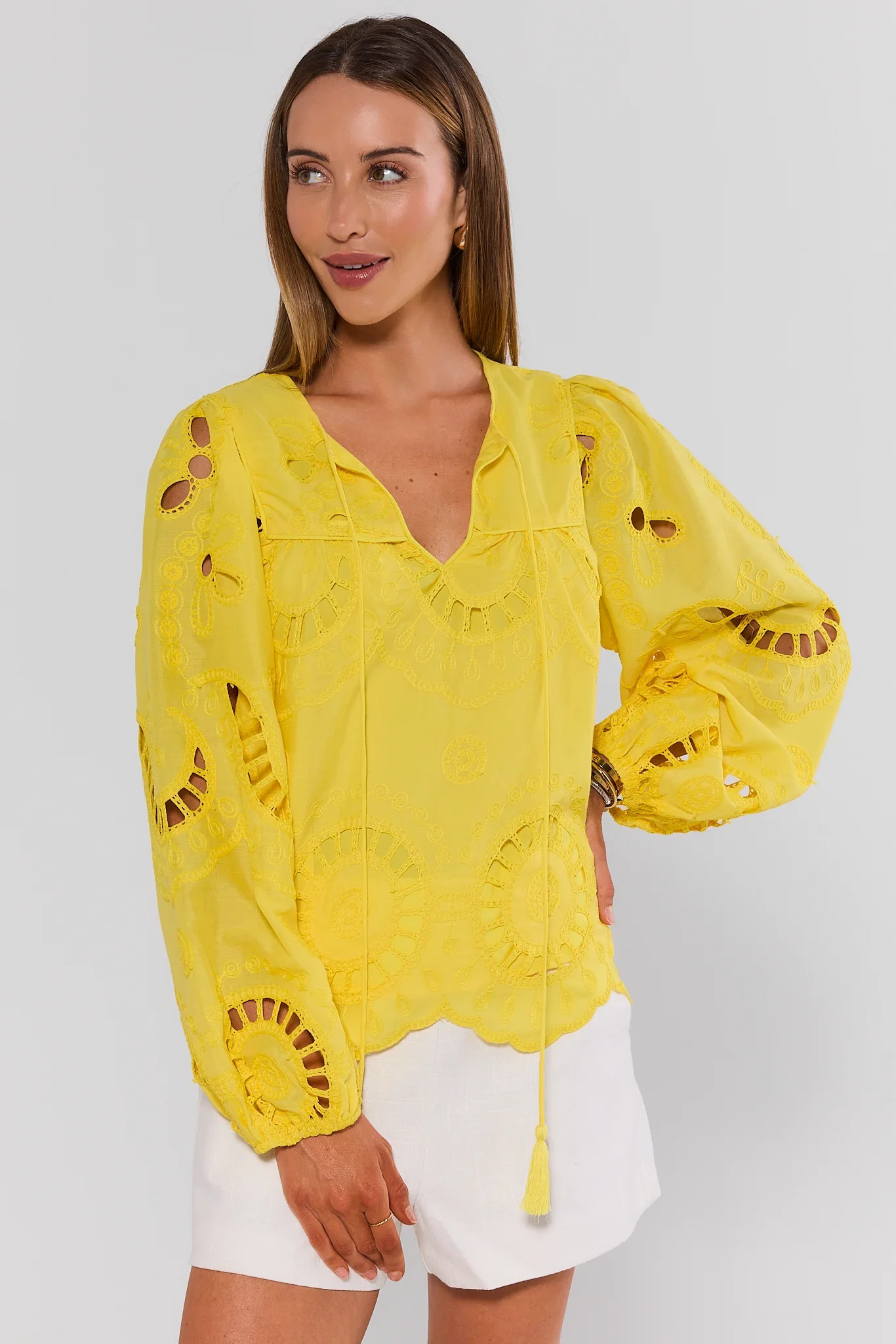 Yellow Eyelet Split Neck Top | Avara