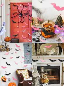 32pcs-Halloween Pink Bats Wall Decor, Halloween 4 Size Black&Pink 3D Paper Bat Decoration Sticker... | SHEIN