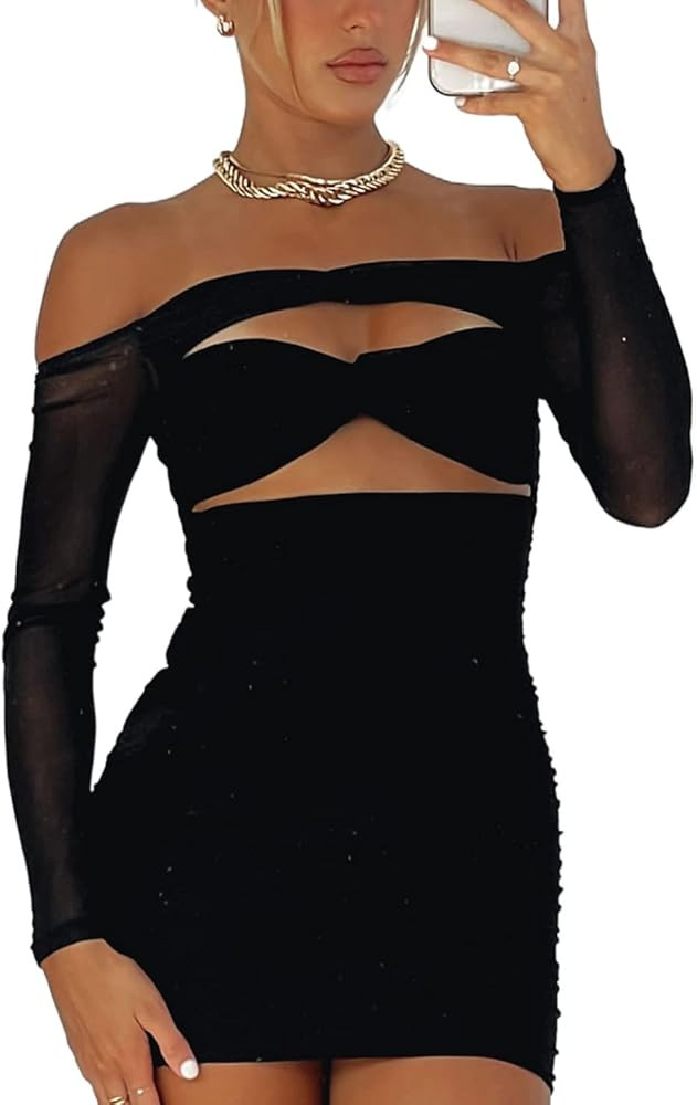 Just Quella Women's Off- The Shoulder Long Sheer Sleeves Mesh Dress | Amazon (US)