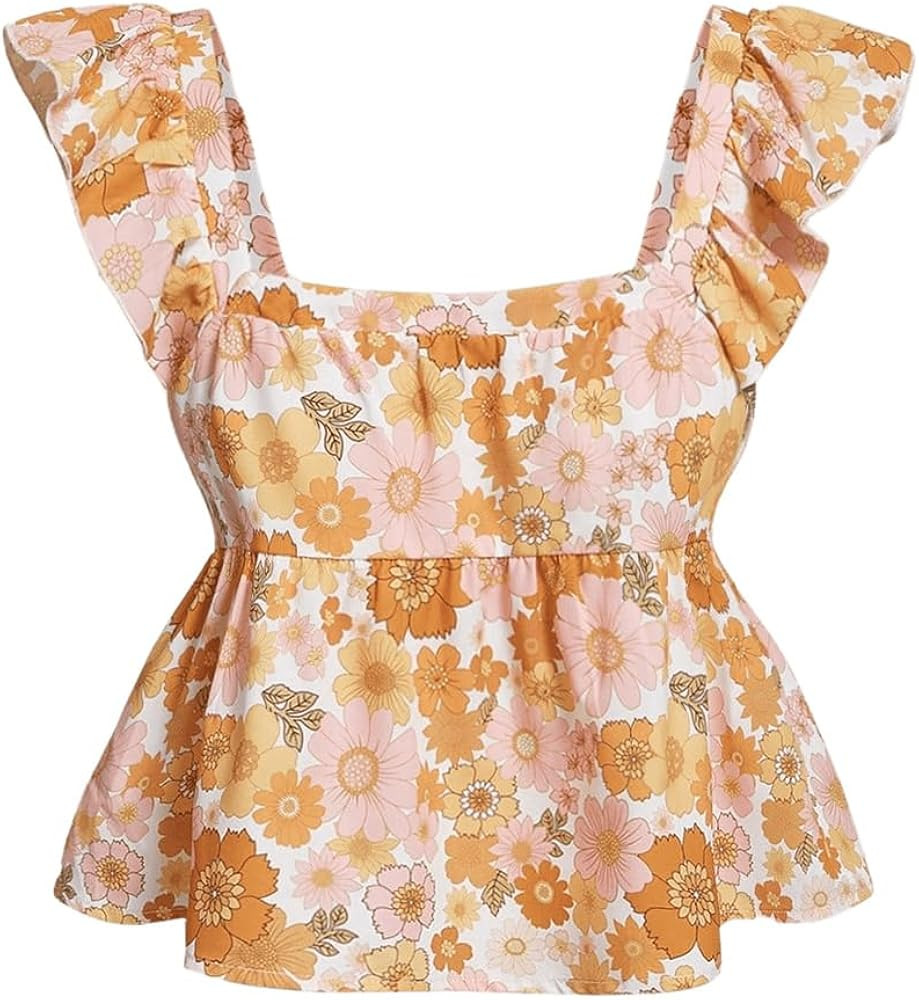 MakeMeChic Women's Floral Print Square Neck Blouse Ruffle Cap Sleeve Peplum Crop Tops Shirts | Amazon (US)