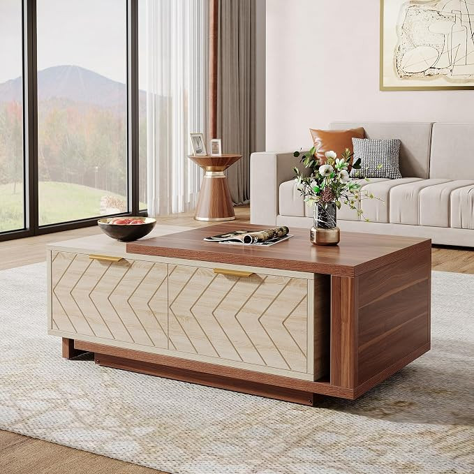 Tribesigns Wooden Rectangle Extendable Coffee Table Center Cocktail Table, Walnut & Oak | Amazon (US)