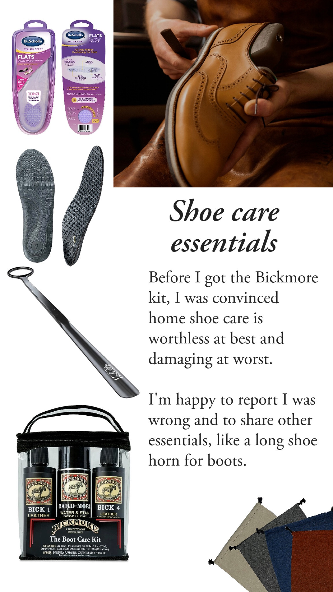 Before I got the Bickmore kit, I was convinced home shoe care is worthless at best and damaging at worst. 

I’m happy to report I was wrong and to share other essentials, like a long shoe horn for boots  

#LTKFind #LTKunder50 #LTKshoecrush