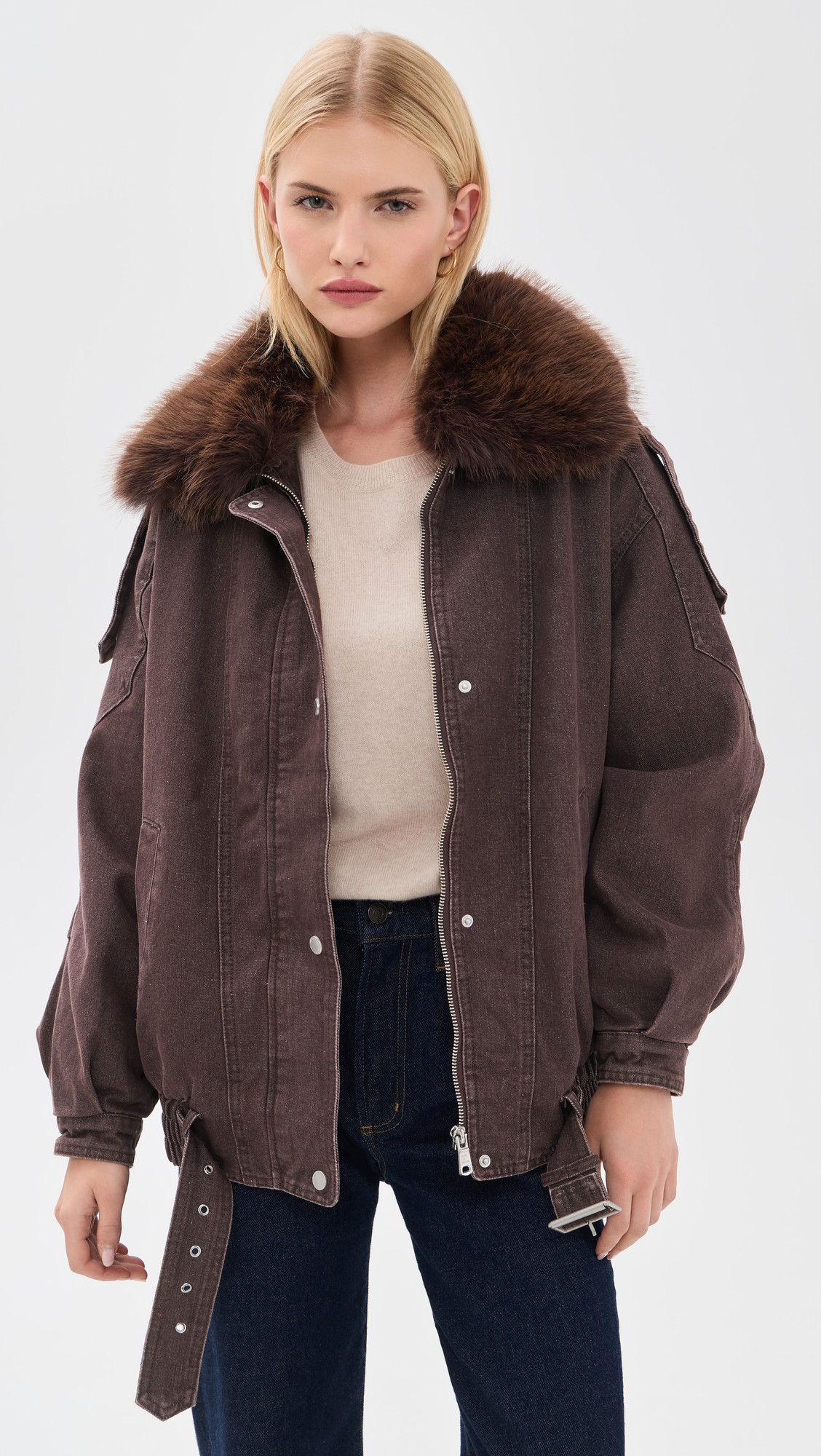 Avec Les Filles Combo Collar Belted Hem Bomber Brown XS | Shopbop