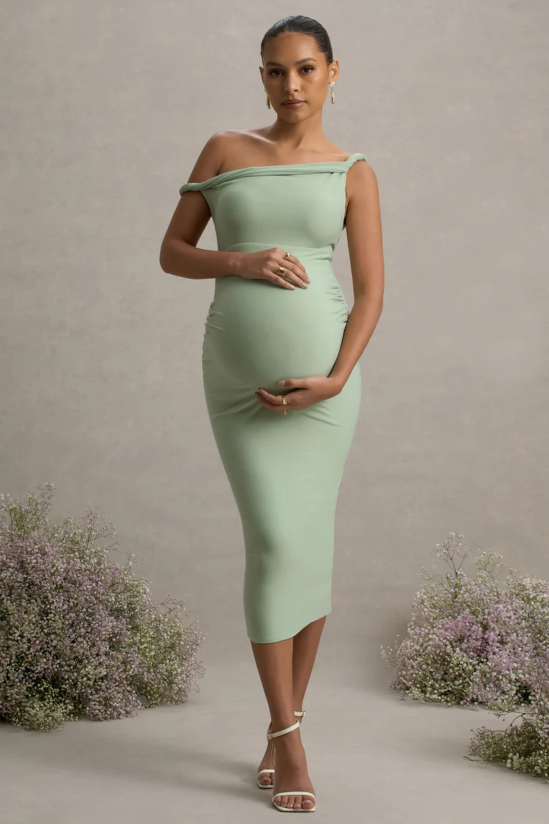 Salome | Light Green Twisted Asymmetric Maternity Midi Dress | Club L London