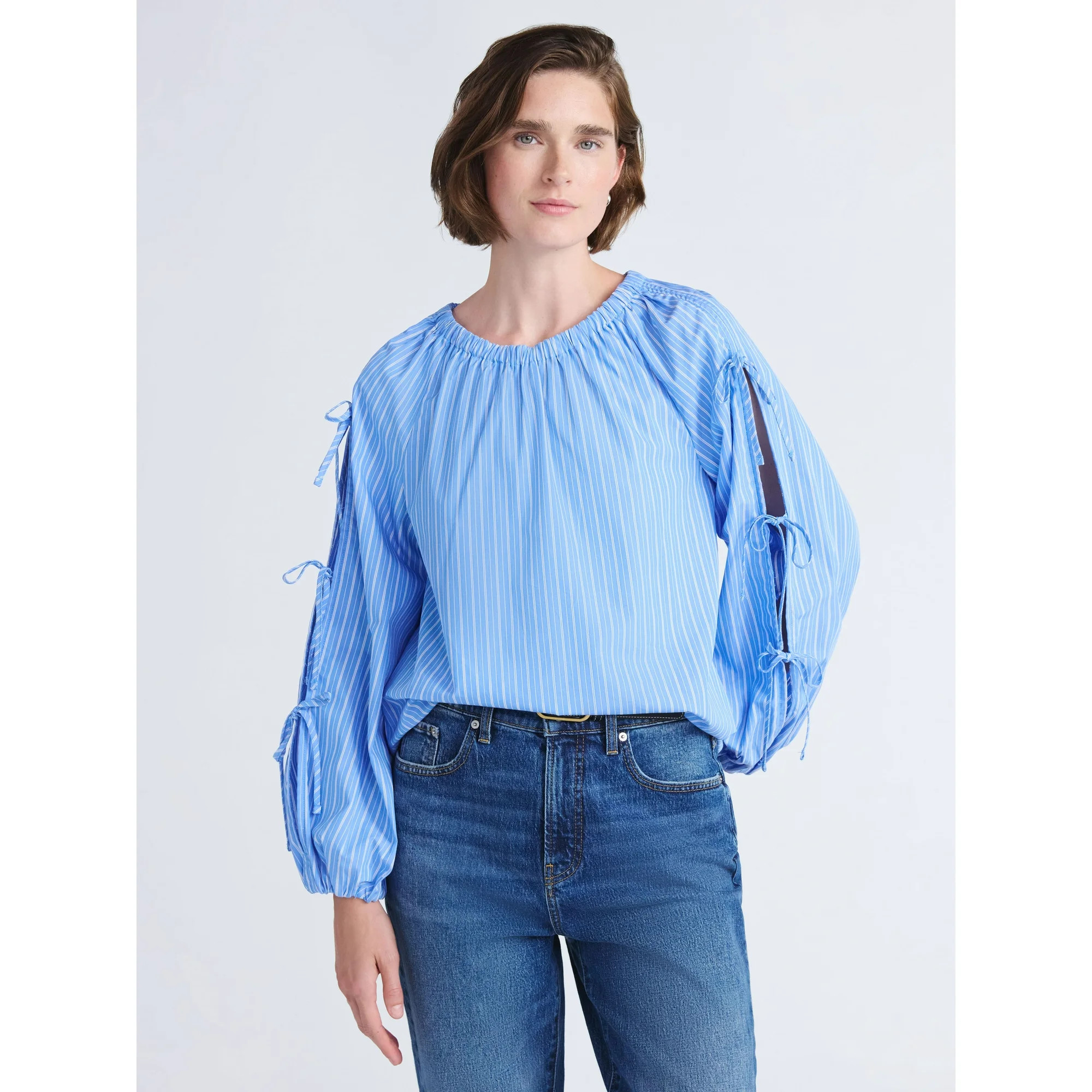 Free Assembly Women's and Women's Plus Gathered Neck Cotton Top with Long Tie Sleeves, Sizes XS-4... | Walmart (US)