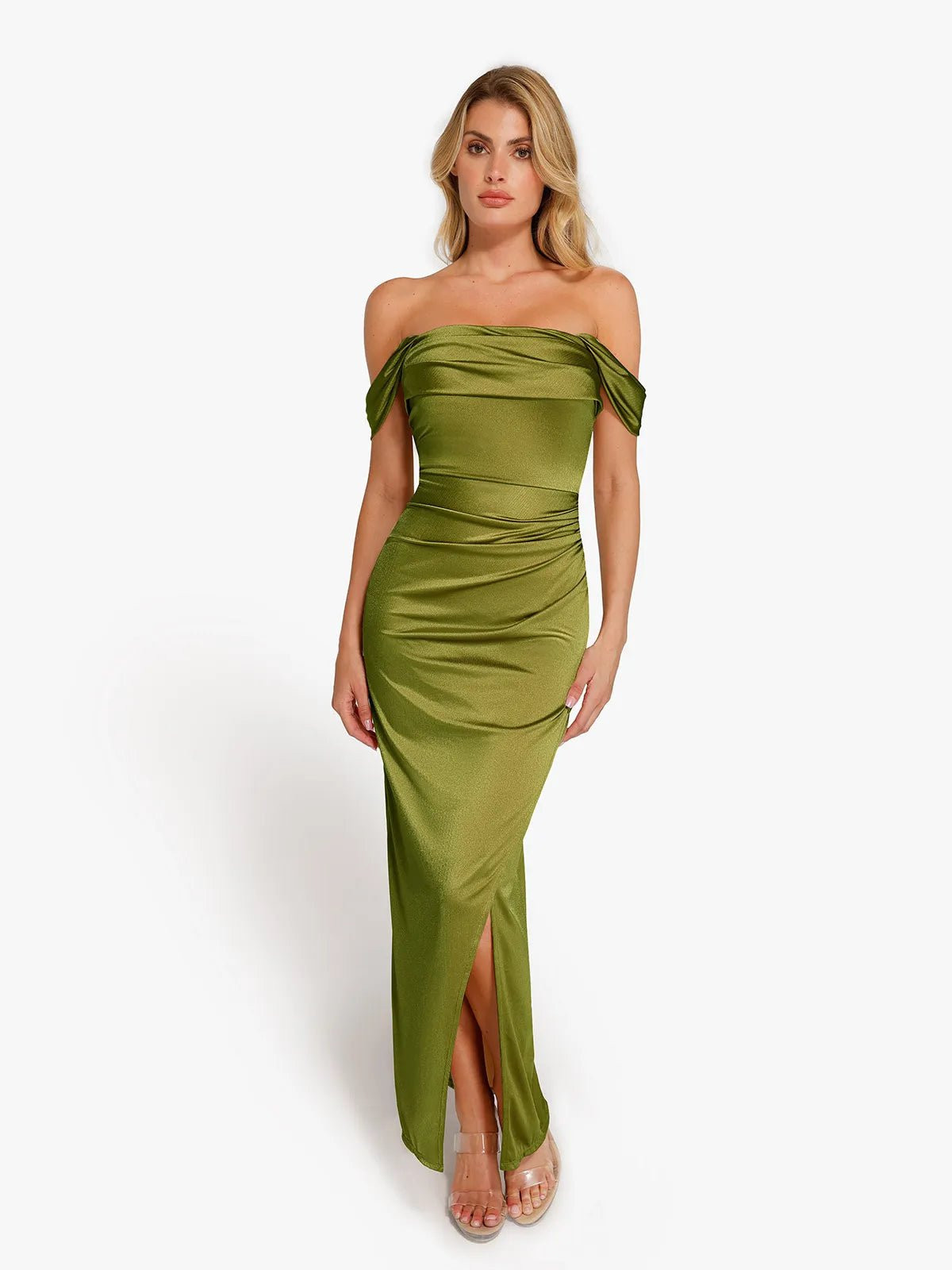 Shapewear Off Shoulder Shine Ruched Sculpting Maxi Dress | Popilush