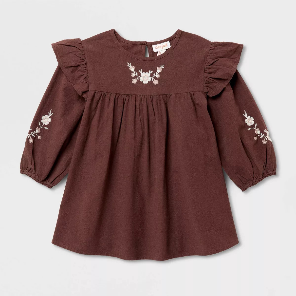 Toddler Girls' Floral Embroidered Long Sleeve Dress - Cat & Jack\u2122 Brown 2T | Target