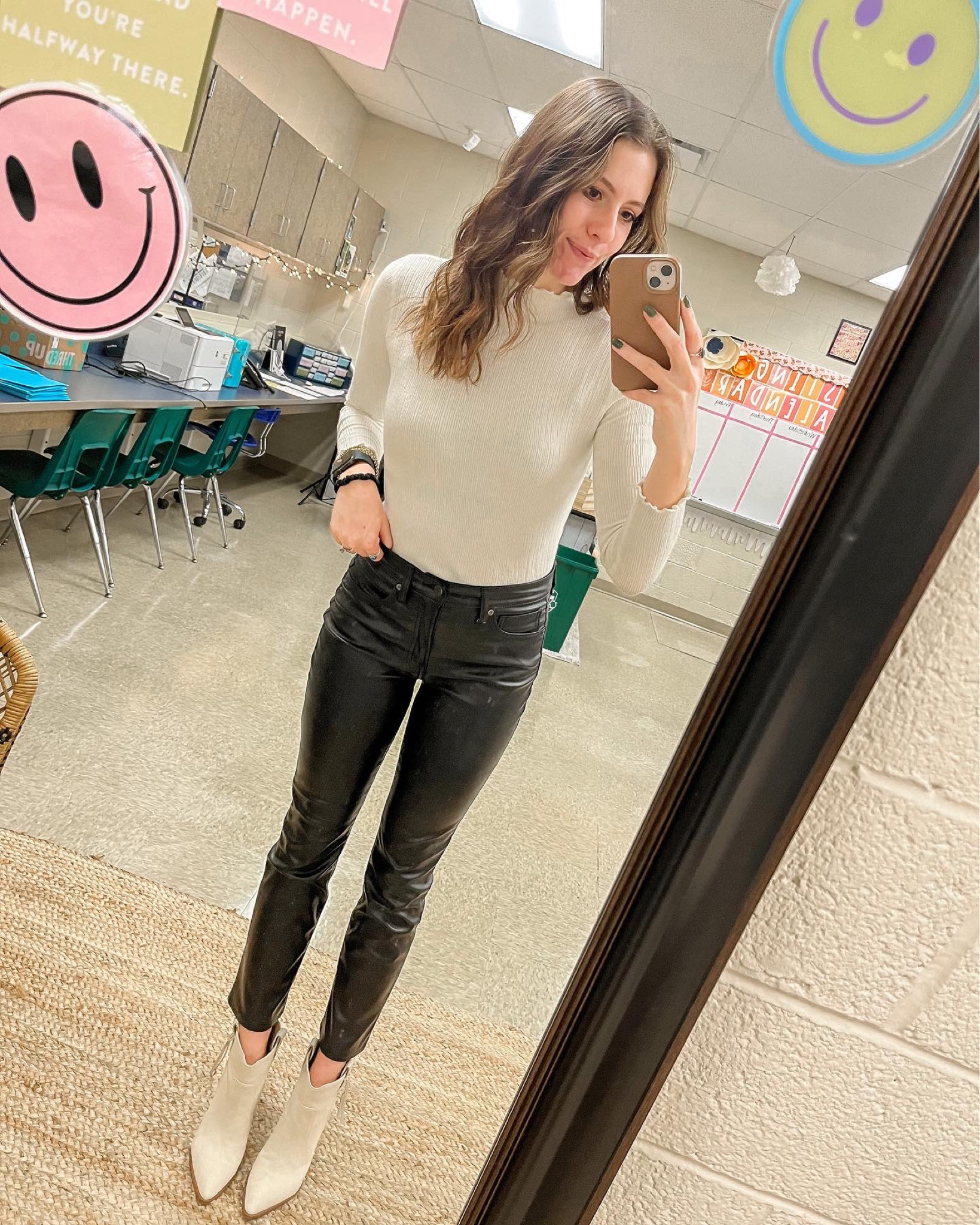 Cutest winter outfit- leather pants a delicate top. 

#LTKstyletip #LTKSeasonal #LTKworkwear