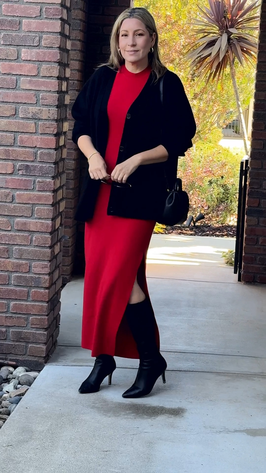 Chic and cozy in classic red and black! ❤️ This Abercrombie sweater dress is perfect for fall layering, paired with a luxurious cashmere cardigan from @onequince to keep things stylish and warm. Finished the look with my @polene_paris purse and sleek leather knee-high kitten heel boots for a touch of sophistication. Perfect for a day out or a casual dinner – effortlessly polished! Tap to shop each piece and get this fall-ready look. #fashionover40 #fallfashion #sweaterdress #layeredlook #classicstyle #cozychic #womensfashion #LTKfall #polishedandchic @stylishandgrateful

#LTKActive #LTKOver40 #LTKVideo