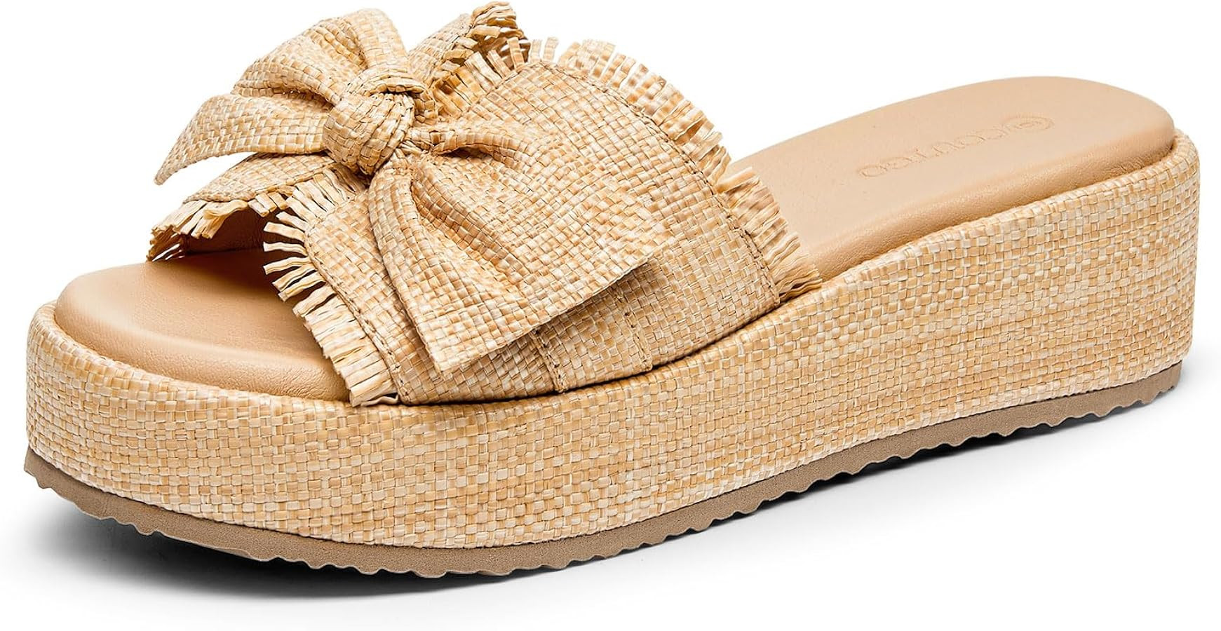 Coutgo Womens Platform Wedge Sandals Bow Open Toe Slide Sandals Straw Slip On Summer Beach Shoes | Amazon (US)