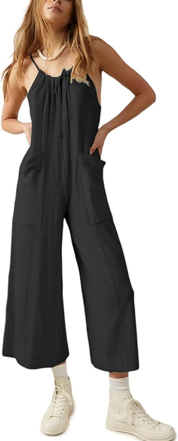 Women’s Casual Jumpsuits Sleeveless Loose Adjustable Halter Ties Cropped Romper Jumper with Poc... | Amazon (US)