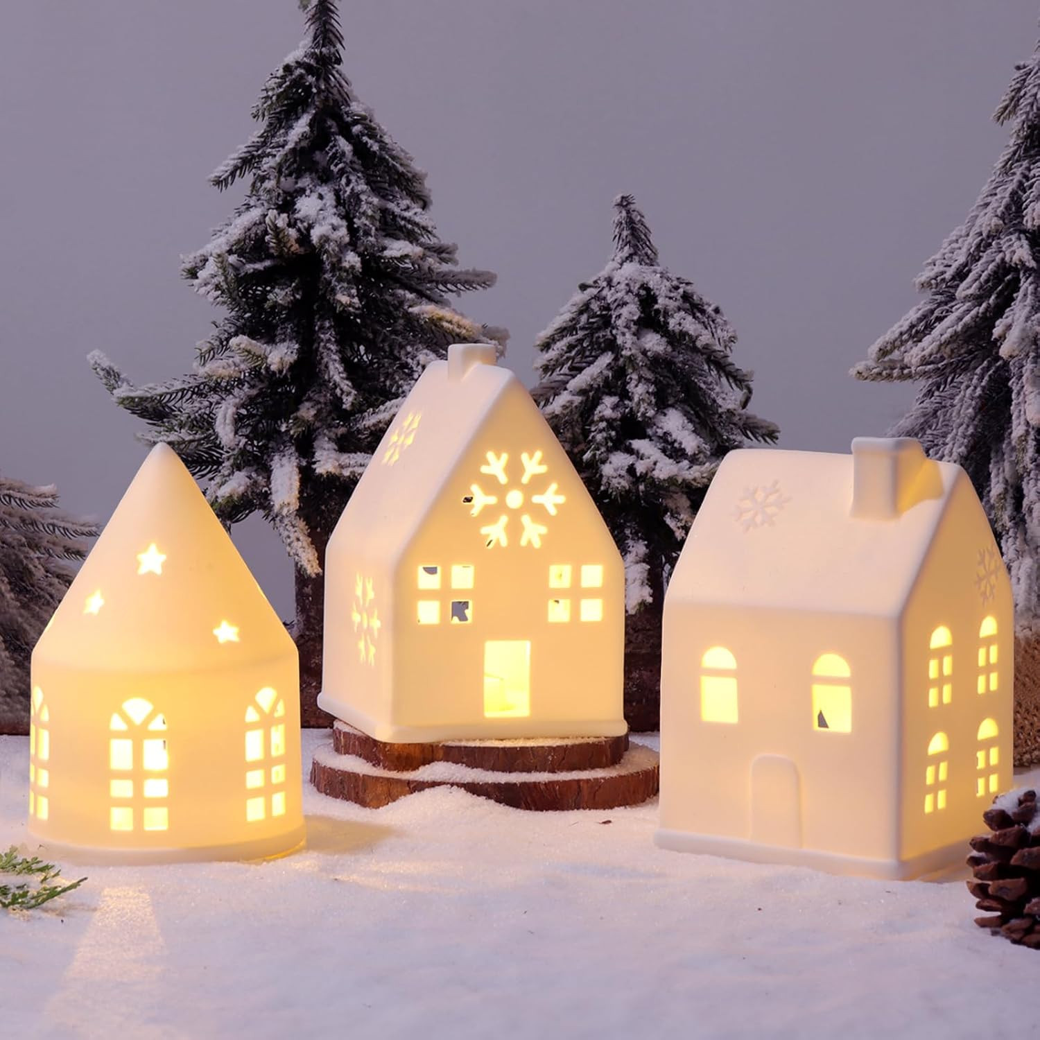 Christmas Village Sets, 3Pcs White Christmas Village Sets Christmas Decorations Indoor, Christmas... | Amazon (US)