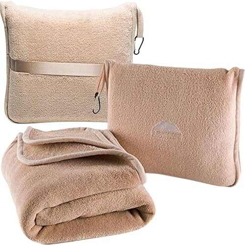 BlueHills Premium Soft Travel Blanket Pillow Airplane Blanket Packed in Soft Bag Pillowcase with Hand Luggage Belt Backpack Clip Compact Pack Large Portable Flight Throw Beige T005 | Amazon (US)