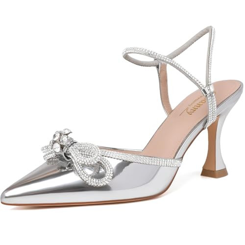 Susanny Silver Rhinestone Heels for Women Bow Heels Evening Party Ankle Strap Closed Toe Pumps Office Kitten Heels Dress Heeled Prom Shoes 9 | Amazon (US)